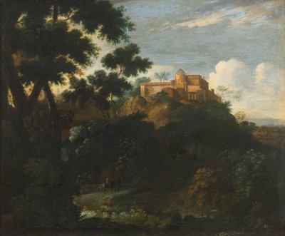 Bewaldete Berglandschaft mit Reisenden auf einem Weg, eine Villa dahinter von Jean Francois Millet
